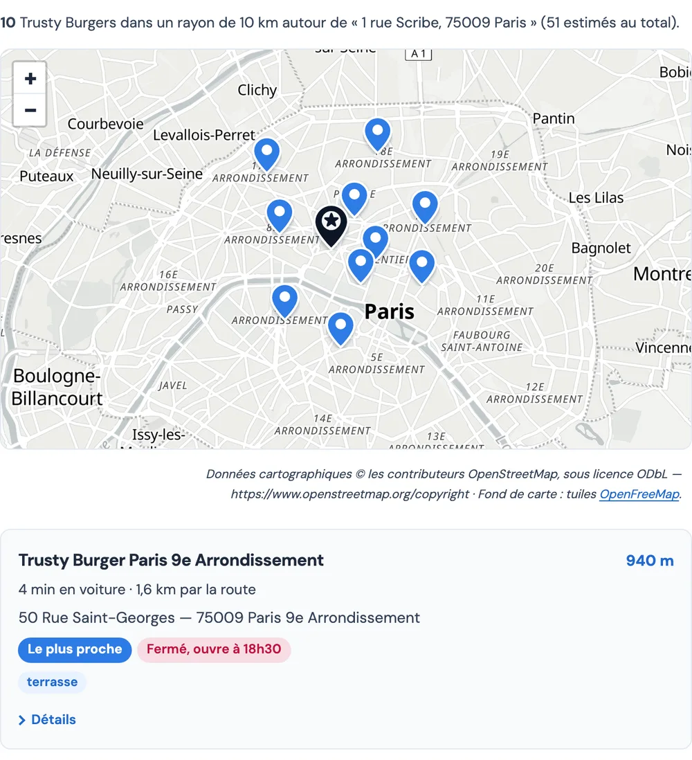 La démo store locator de TrustyData : la carte de Paris avec les points de vente Trusty Burger autour de la rue Scribe, et le plus proche en tête de liste, à 940 mètres, avec son statut d'ouverture